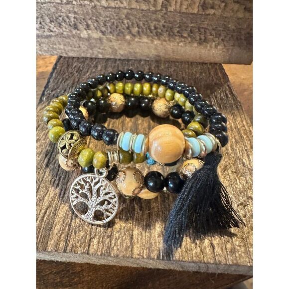 Boho Hippie Bracelet,‎ Tassel Tree Of Life Pendant Stacked Wooden Bead Stretch B - Picture 5 of 8
